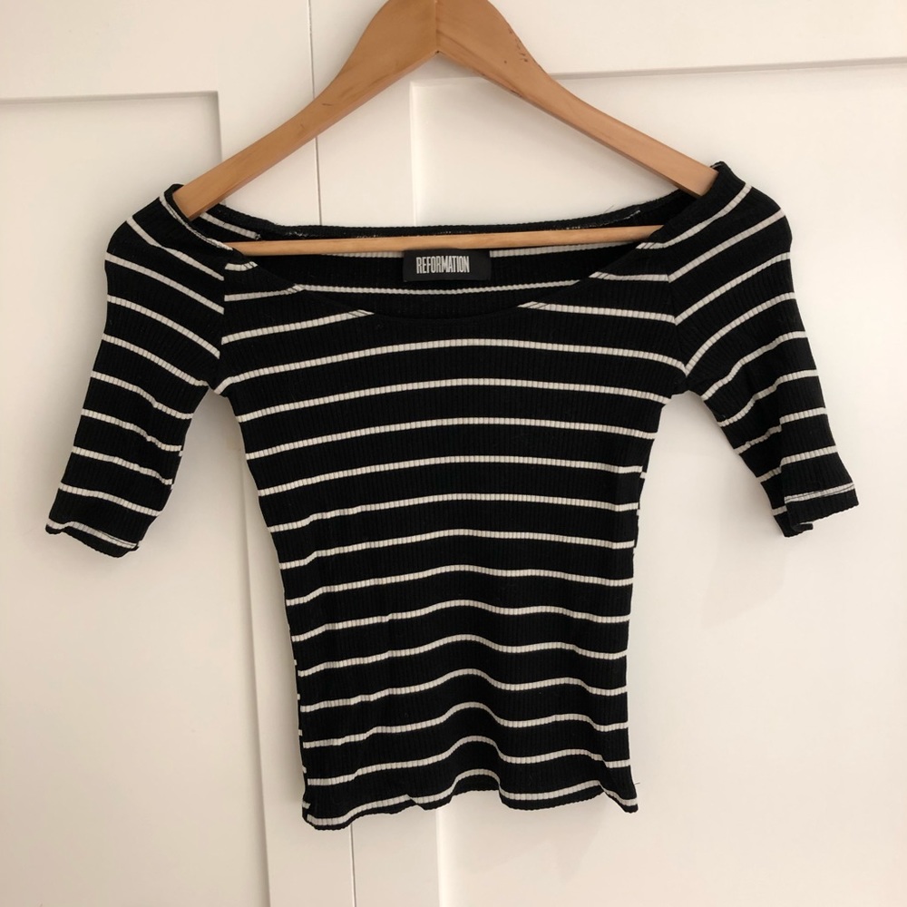 Reformation Stripe Off Shoulder Rib Top